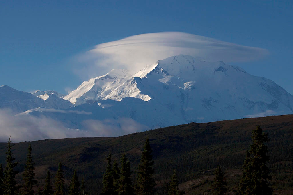 Denali in morning light with lenticular clouds